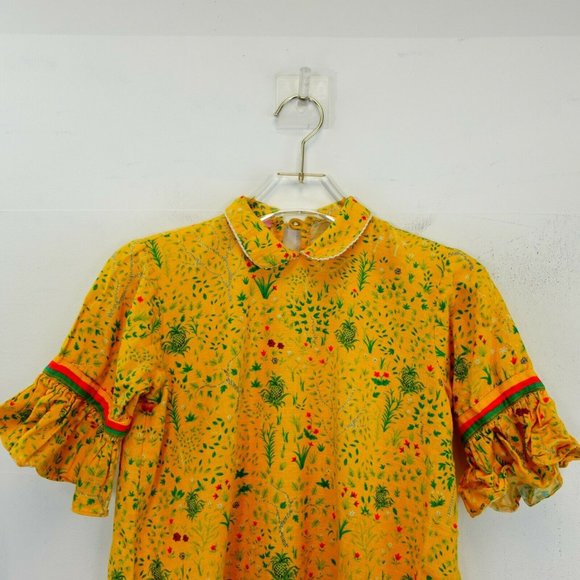MAK Girl Yellow Red Mini Dress 12 13 Floral Pineapple Ruffle Lace Collared Mesh - Picture 5 of 12